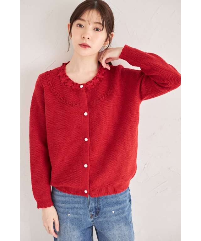 フラワーレース装飾パール釦ニットカーディガン