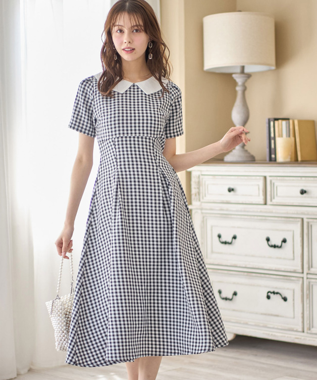 襟付きウエストりぼんギンガムチェックワンピース 