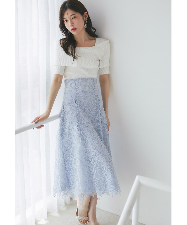 旬が薫るマーガレット刺繍チュール重ねストライプ柄スカート 3月