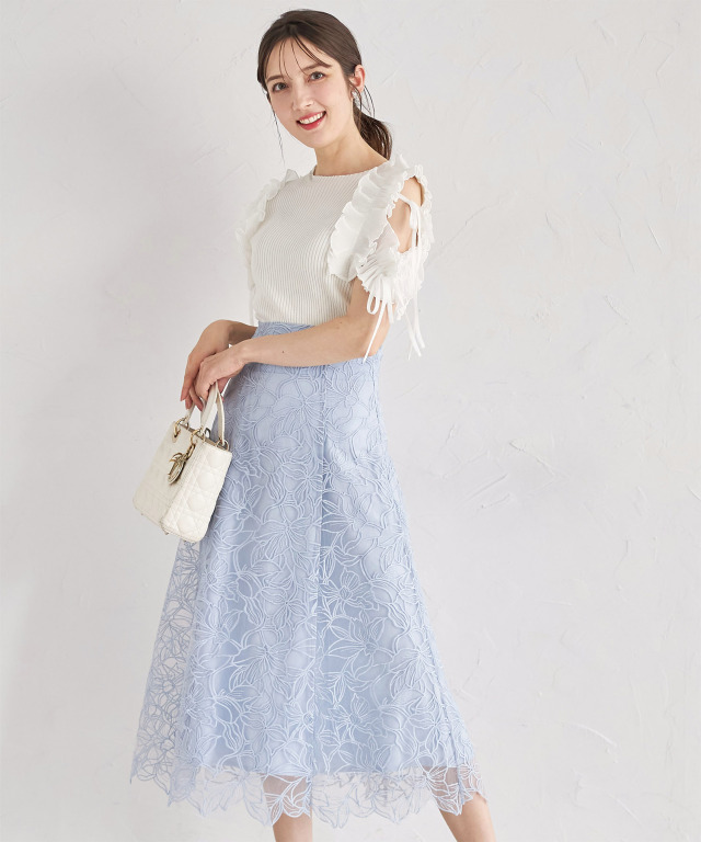 フラワーレース刺繍バックレースアップマーメイドスカート 