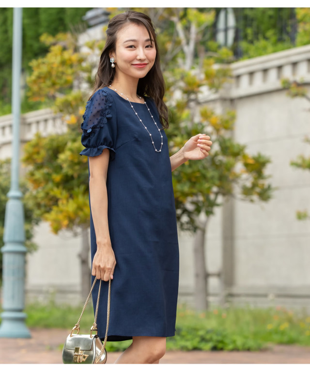 レディの香り広がる袖透けドビーシフォン切替サックワンピース【boeml  