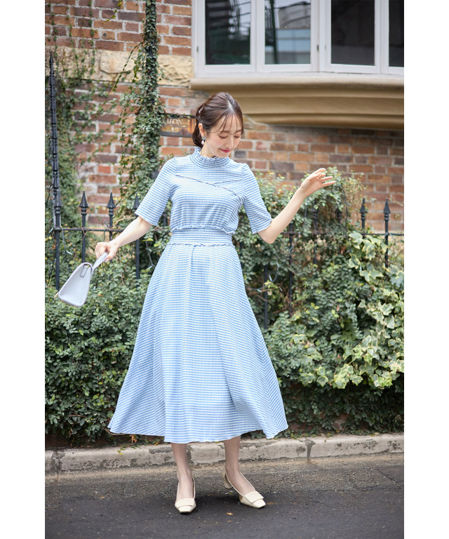 美品 maonosuke ベルト付 わんぴーす 水色 ギンガムチェック tocco closet（トッコ クローゼット）の「ポケット付きフロント