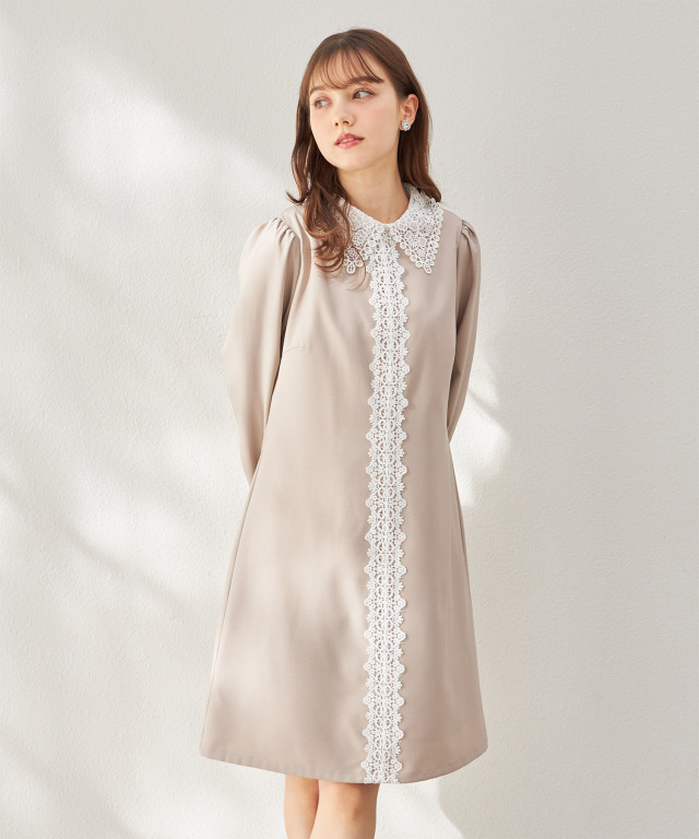 FOXEY42レース襟付きグレー長袖ワンピース、２ｗａｙ取り外し可能。 トッコクローゼット tocco closet 2WAYビジュー×レース襟付き