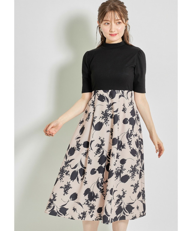 プチハイネックチューリッププリントドッキングワンピース