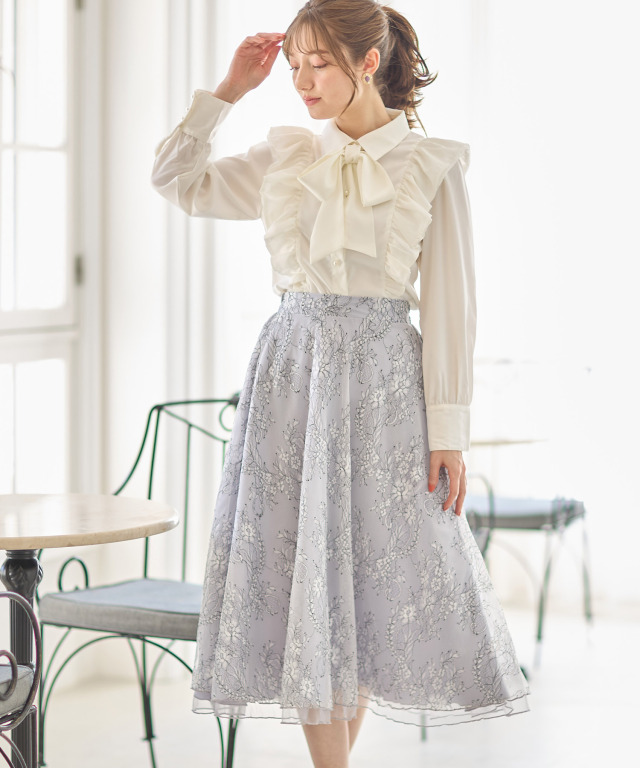 配色チュールレースフレアスカート 