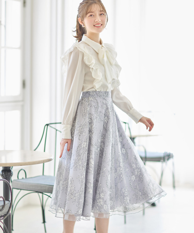 配色チュールレースフレアスカート 