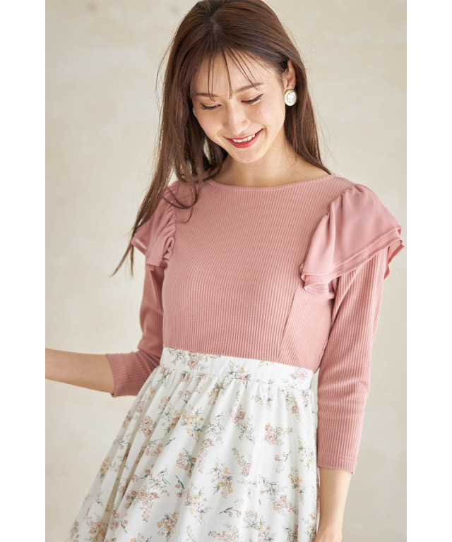肩シフォンフリル付きリブカットソー×フラワープリントドッキング 