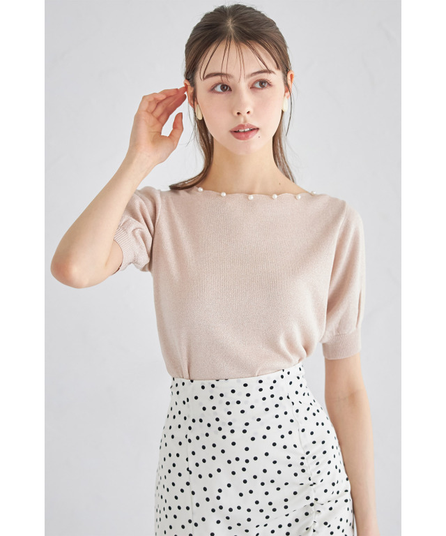 トッコクローゼット tocco closet パール付きスカラネックラメニットプルオーバー （サックス） パール付きスカラネックラメニットプルオーバー