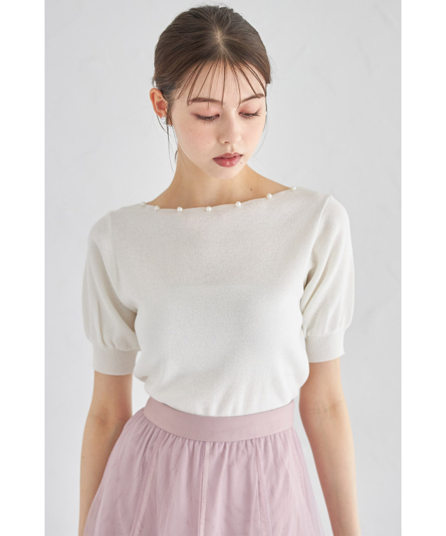 トッコクローゼット tocco closet パール付きスカラネックラメニットプルオーバー （サックス） パール付きスカラネックラメニットプルオーバー