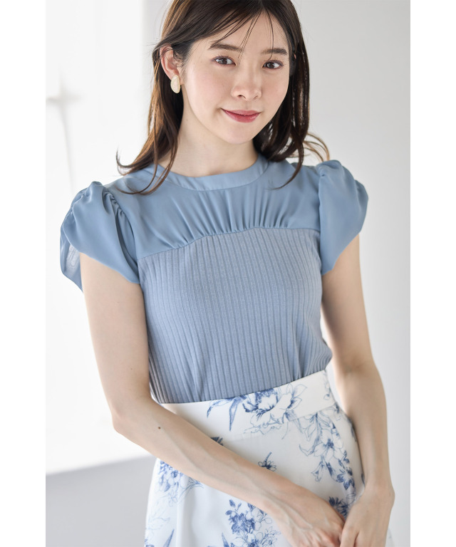 de.sh0p ぽってりシルエット　退院着　ホワイト ボンネット 後ろリボン付きシフォン切り替えリブカットソープルオーバー