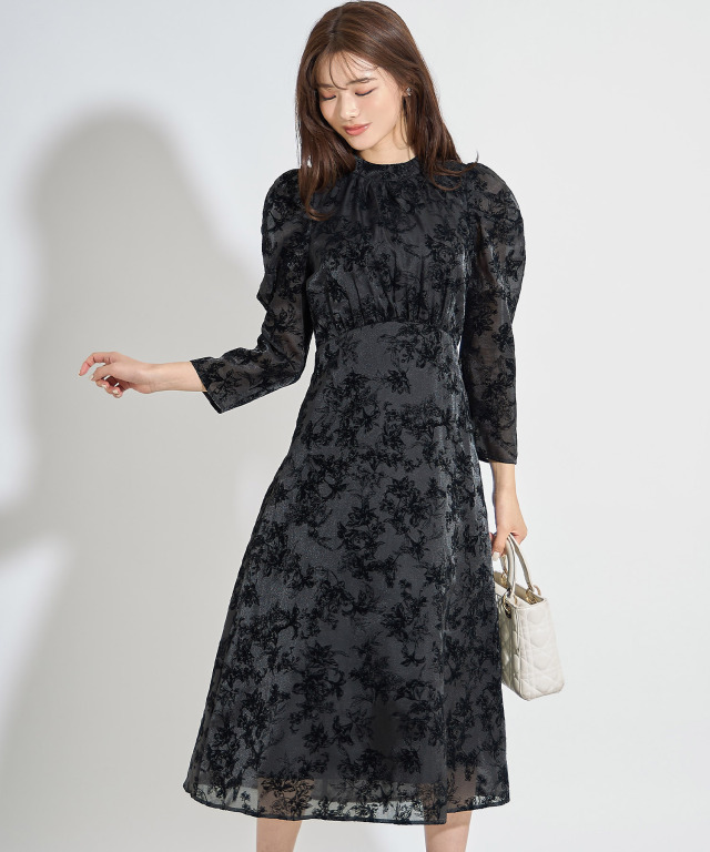 2WAYボウタイリボン付きフロッキーフラワーナローワンピース