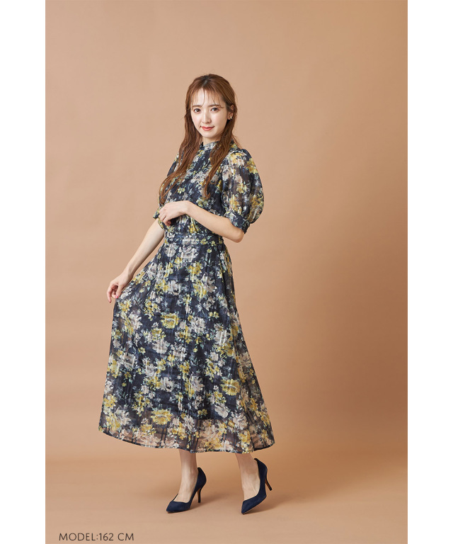トッコクローゼット シアーチェックフラワープリントフレアスカート グレージュ トッコクローゼット シアーチェックフラワープリントフレア