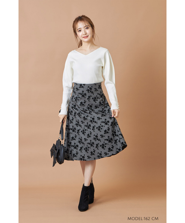 モチベがupする後ろレースアップデザインフロッキーフラワーフレアスカート