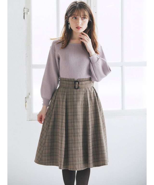 甘くなりすぎず大人顔♪ベルト付きグレンチェックフレアスカート 