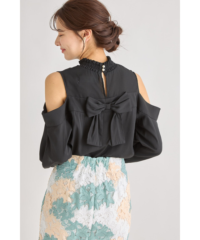 オーダー承り中 ❤︎ プリーツ スモック ❤︎ ハンドメイド 後ろリボン付きオープンショルダーレイヤード風トップス