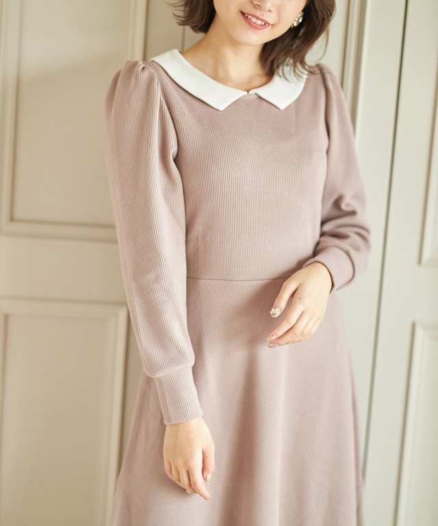 どんなシーンでも安心 きちんと可愛い 襟付きリブカットワンピース