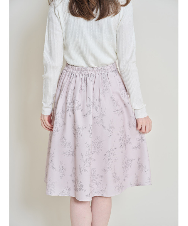 ウエスト配色ライン入り線画フラワープリントフレアスカート