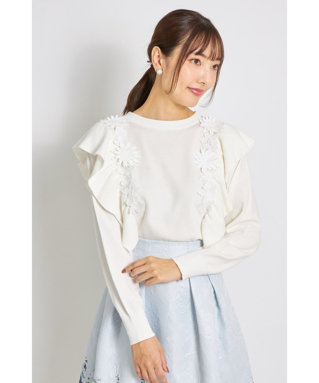 チュールフラワーカフスニット　ホワイト　ブラック　frene フラーネ チュールフラワーカフスニット ホワイト frene フラーネ