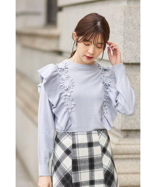 チュールフラワーカフスニット　ホワイト　ブラック　frene フラーネ Tops – Frene