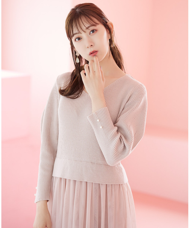 袖口パール付きリブニットプルオーバー チュールスカートドッキングワンピース