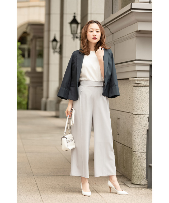 396新品BRILLANTE異素材切替配色リングベルト付きコクーンパンツ Lagrilua】裾レース使いアシメ切替デザインパンツ