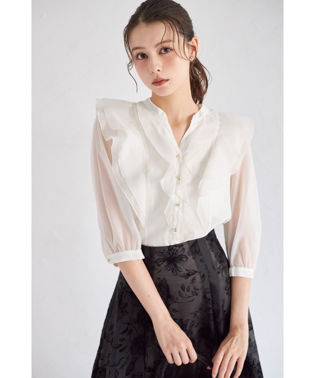 ラッフルフリルキーネック七分袖ブラウス