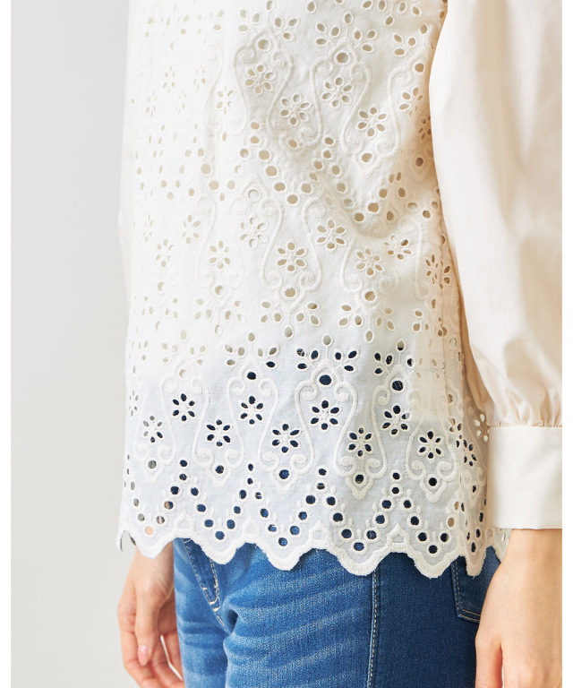 プチハイネックコットンレースブラウス