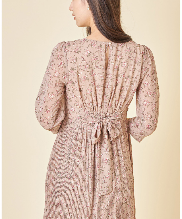 上品クラシカルな袖口パール付き後ろりぼんフラワープリントプリーツ  