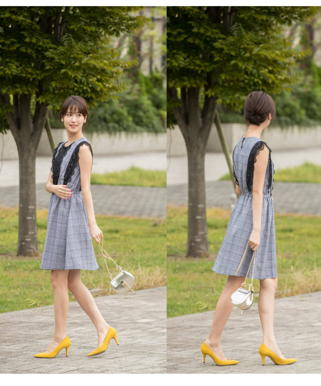 華やかレースつきグレンチェック柄ワンピース 【delanto デラント  