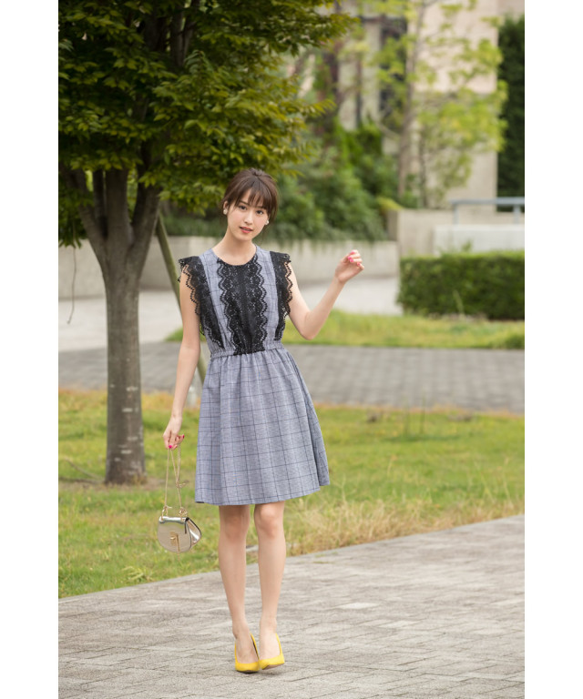 華やかレースつきグレンチェック柄ワンピース 【delanto デラント  