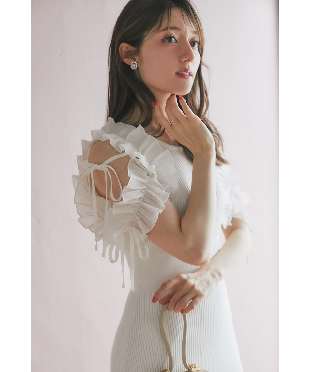 売れ筋がひ新作！ リボン付きシフォンプリーツフリル切り替えリブニットワンピース ワンピース
