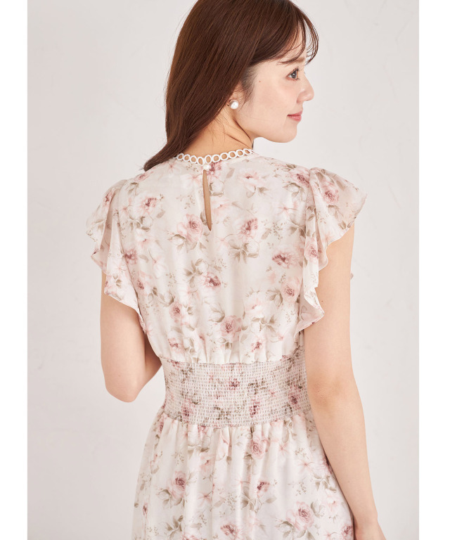 リングレース付きウエストシャーリングフラワープリントワンピース 