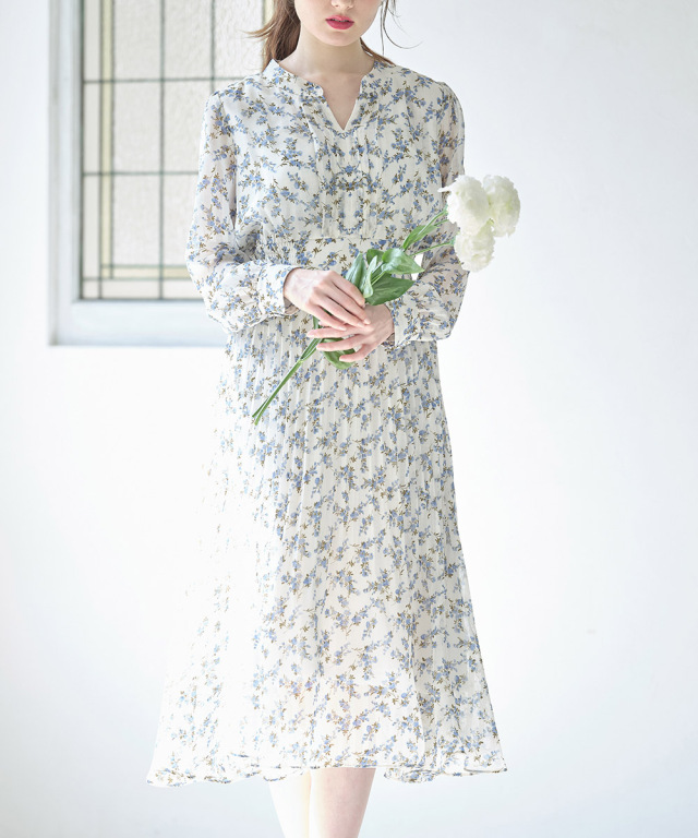 フロントタック水彩フラワープリントプリーツ切替シアーラインワンピース 