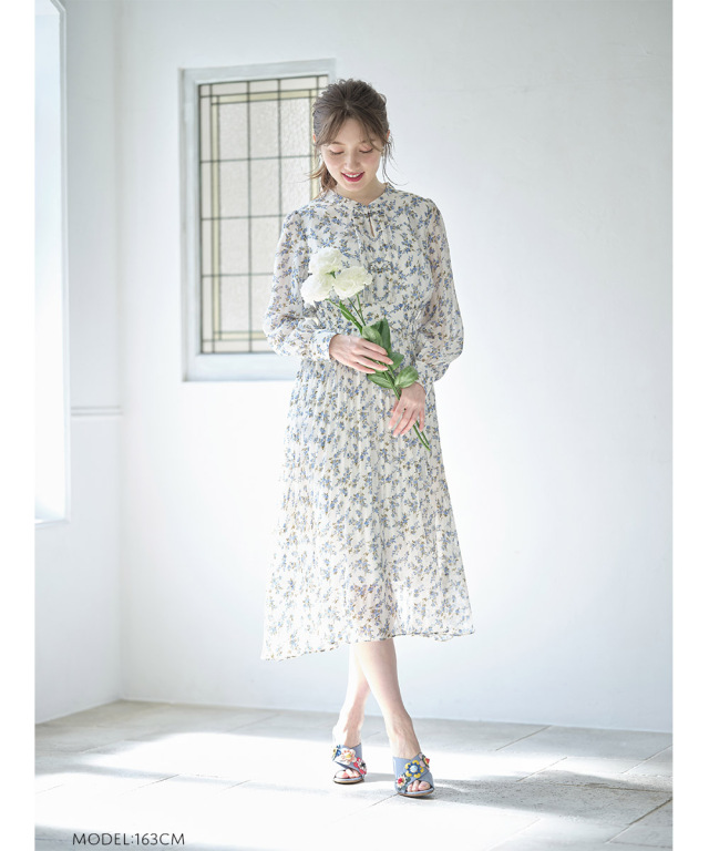 フロントタック水彩フラワープリントプリーツ切替シアーラインワンピース 