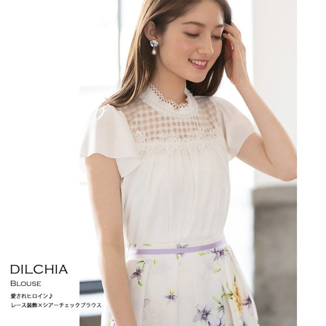 愛されヒロイン レース装飾 シアーチェックブラウス