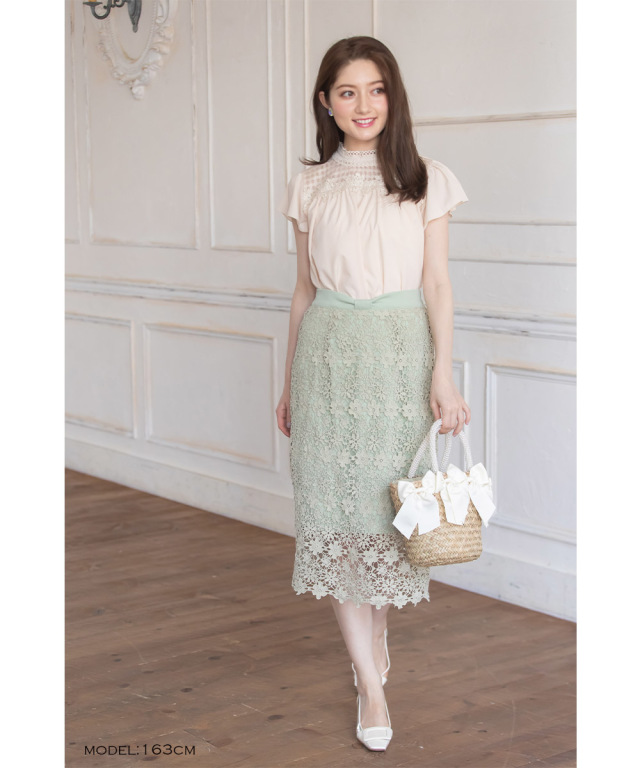 愛されヒロイン レース装飾 シアーチェックブラウス