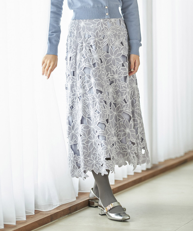 カットワークフラワーレースフレアスカート 