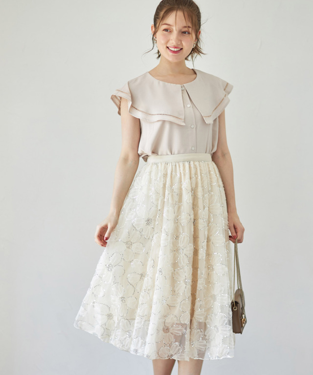 スパンコールフラワーチュールレーススカート