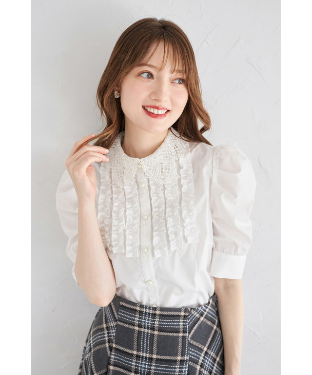 2WAYレース襟付きパール釦フリルブラウス