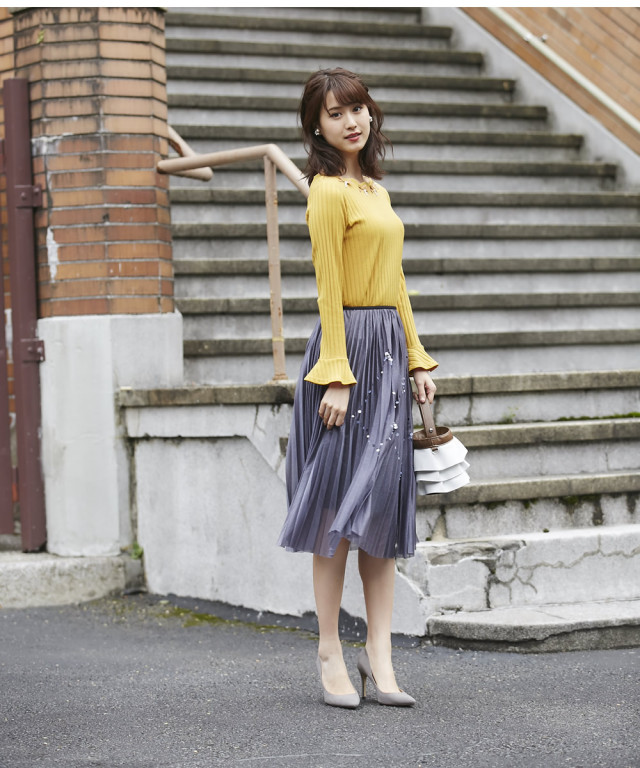 ドゥロワー ニットスカート ラメ プリーツ ロング ベージュ 金  