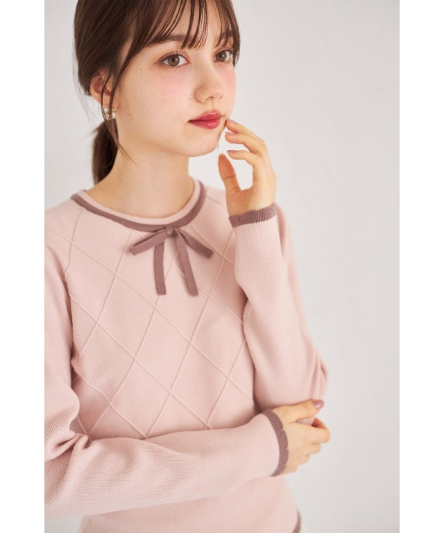 リボン付き配色アーガイルニットプルオーバー