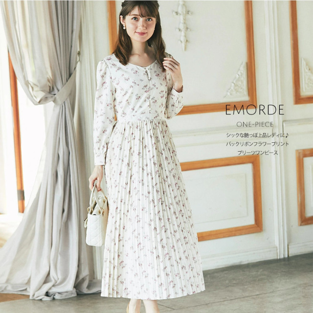 シックな艶っぽ上品レディに バックリボンフラワープリントプリーツワンピース Sssyk 25さんコラボ