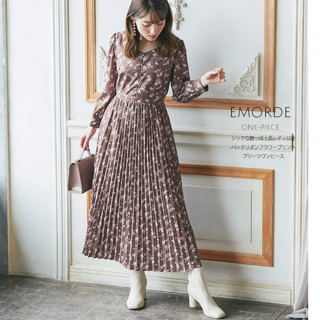 シックな艶っぽ上品レディに♪バックリボンフラワープリントプリーツ 