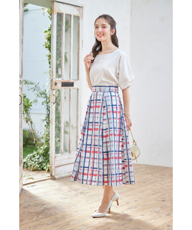 ツイルチェックペイントプリントタックフレアスカート 