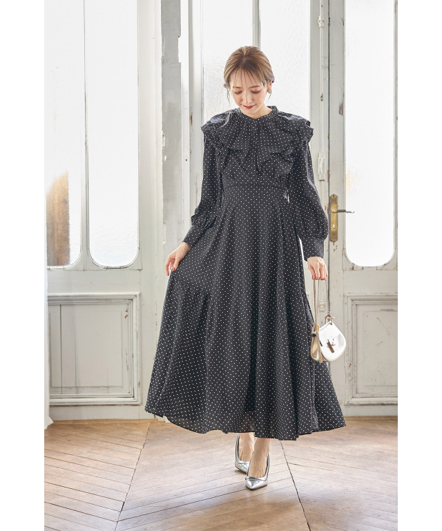 立体フリルスタンドカラードットワンピース 
