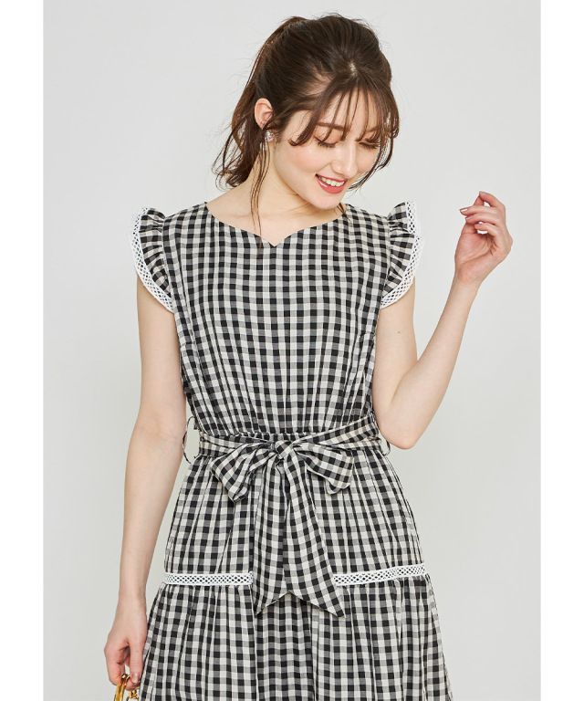 気分も上がる♪ウエストりぼん付きギンガムチェック柄ハートネック  