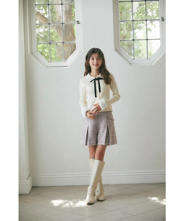 2WAY袖口ファー付きパール釦ニットカーディガン