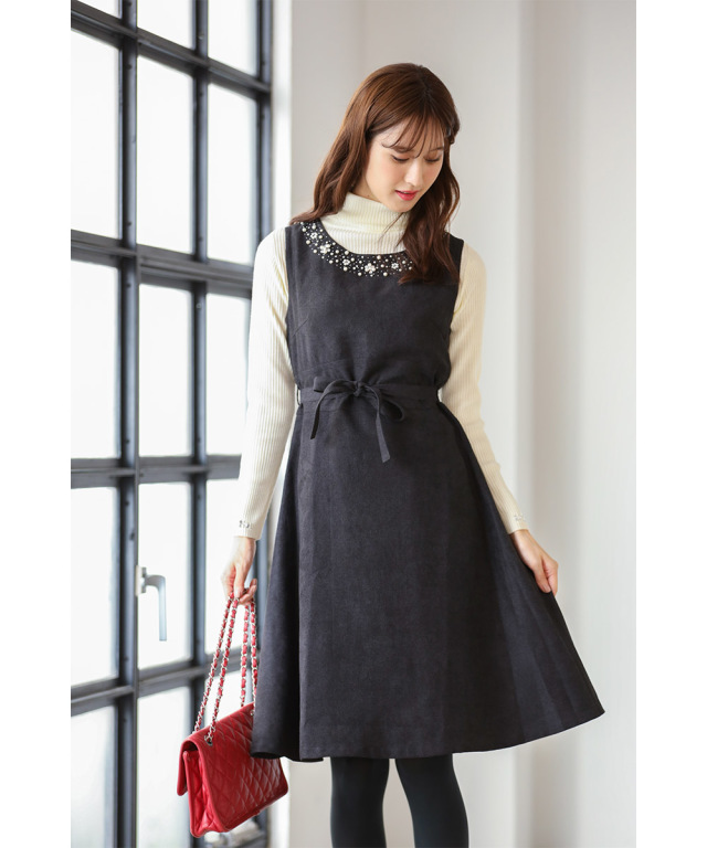 大人のこなれ感パールビジュー装飾ウエストりぼんスエード調ワンピース Tocco Closet トッコクローゼット Collection