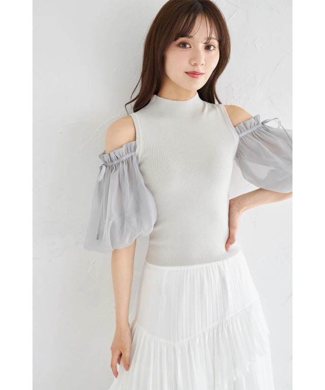 Happy☆ページ リボン付きシアーバルーンスリーブ切り替えリブニットプルオーバー