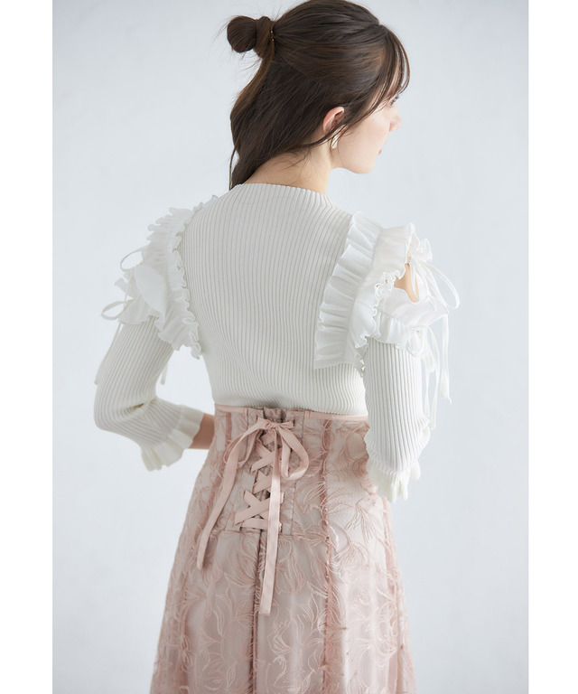 りぼん付きシフォンプリーツ切り替えリブニットプルオーバー